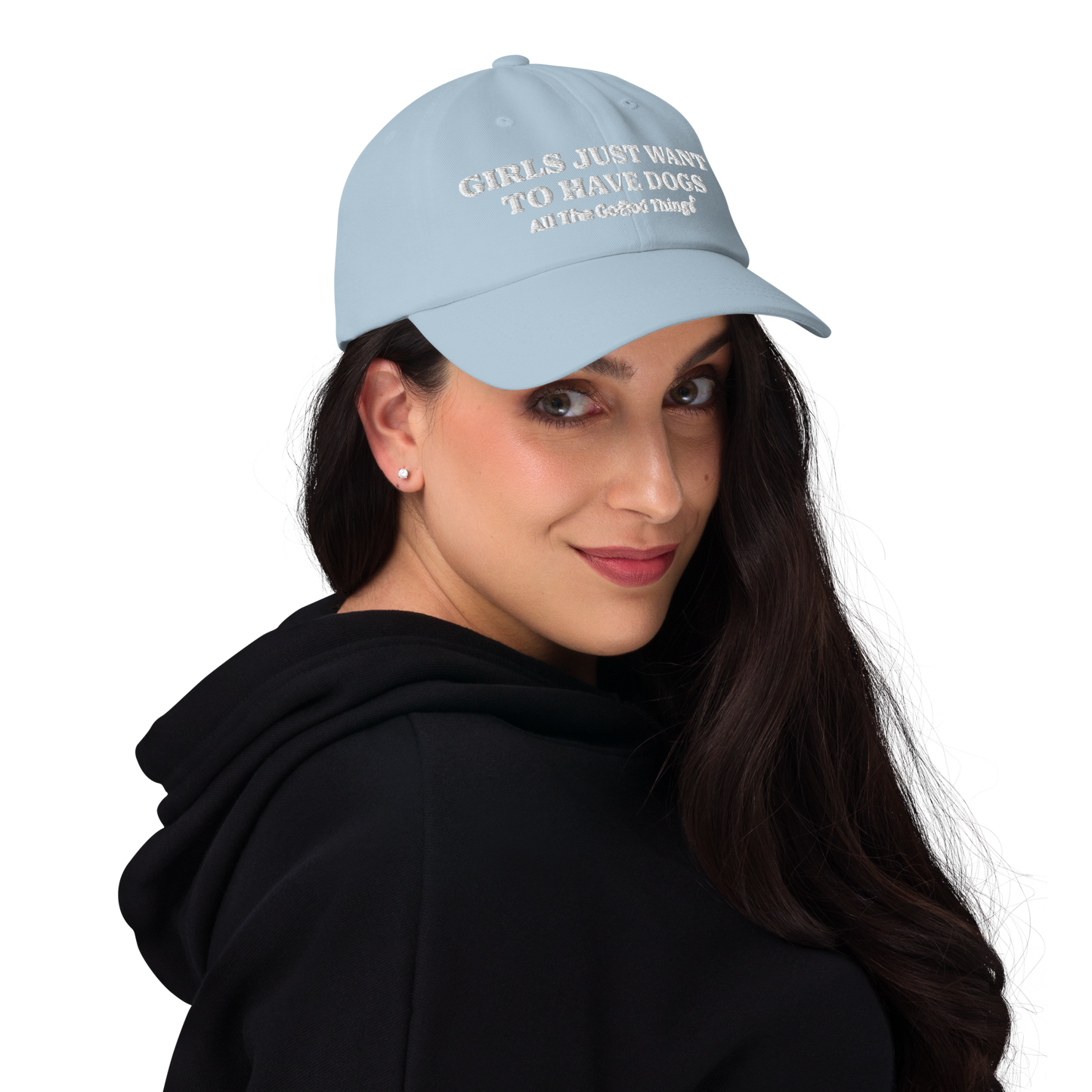 "GIRLS JUST WANT TO HAVE DOGS" Sky womens baseball cap