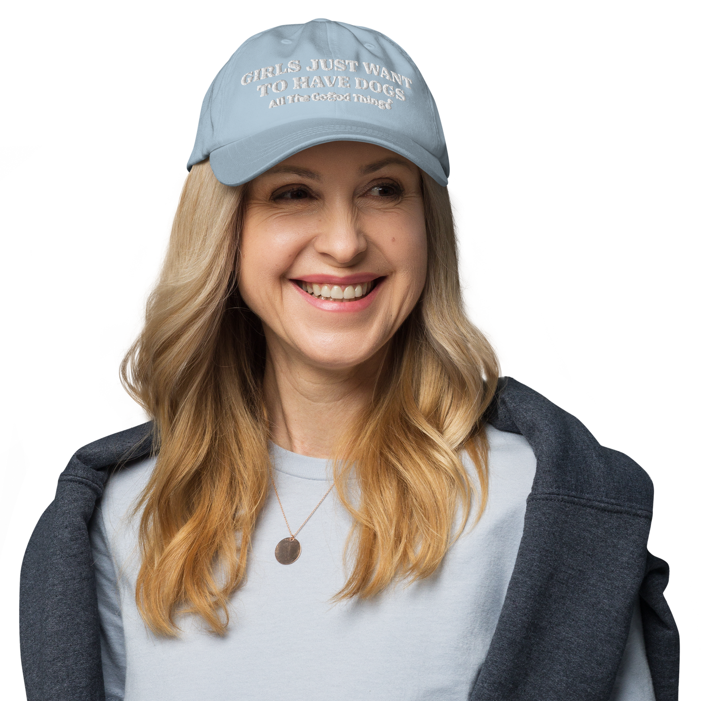 "GIRLS JUST WANT TO HAVE DOGS" Sky womens baseball cap