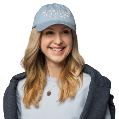"GIRLS JUST WANT TO HAVE DOGS" Sky womens baseball cap