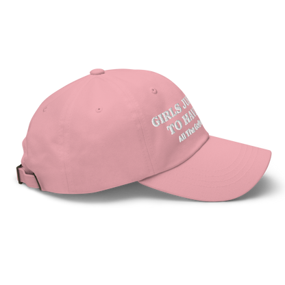 "GIRLS JUST WANT TO HAVE DOGS" Rose womens baseball cap